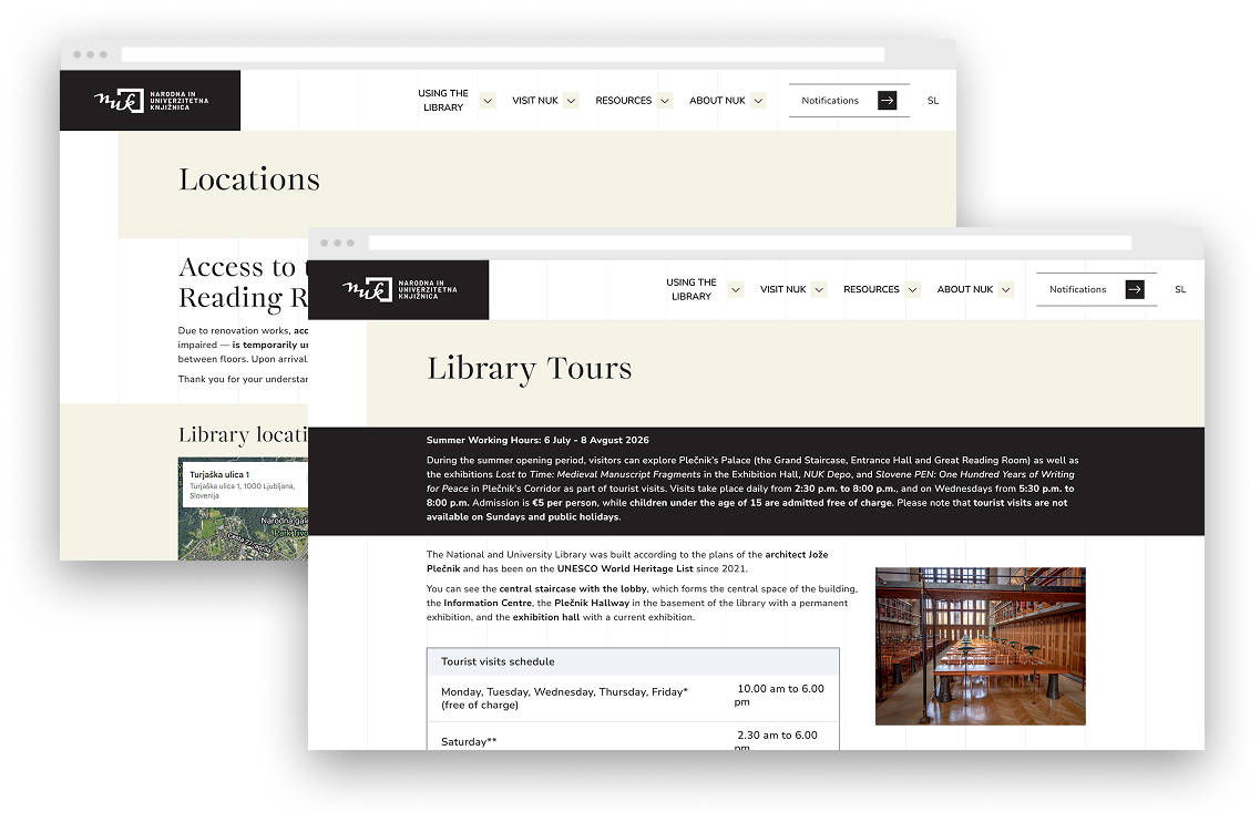 NUK’s English-language pages for library locations and guided tours, including practical visitor information and opening times.