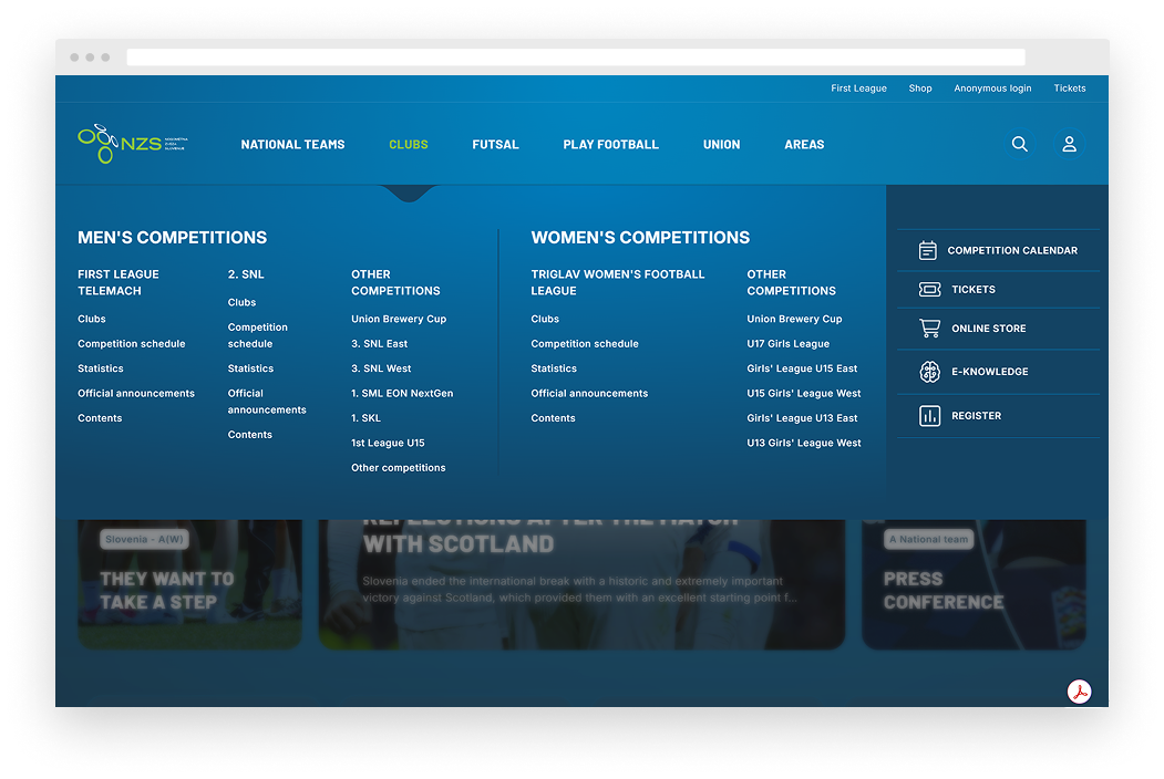 NZS mega menu with an overview of men's and women's competitions and quick links to key content