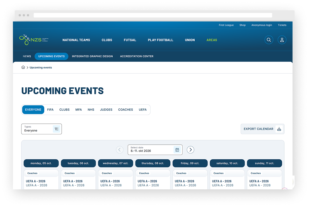 NZS upcoming events calendar with filters by category and date