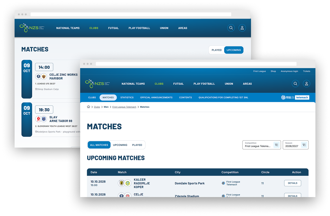 NZS upcoming matches overview with competition and season filters