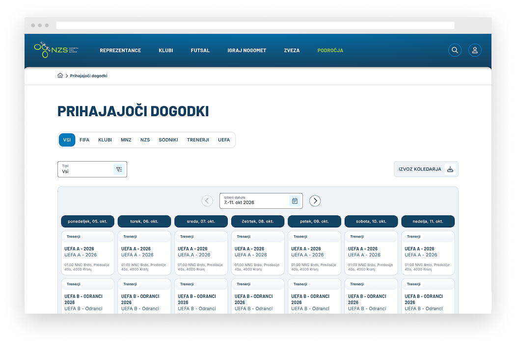 Koledar prihajajočih dogodkov NZS z možnostjo filtriranja po kategorijah in datumih