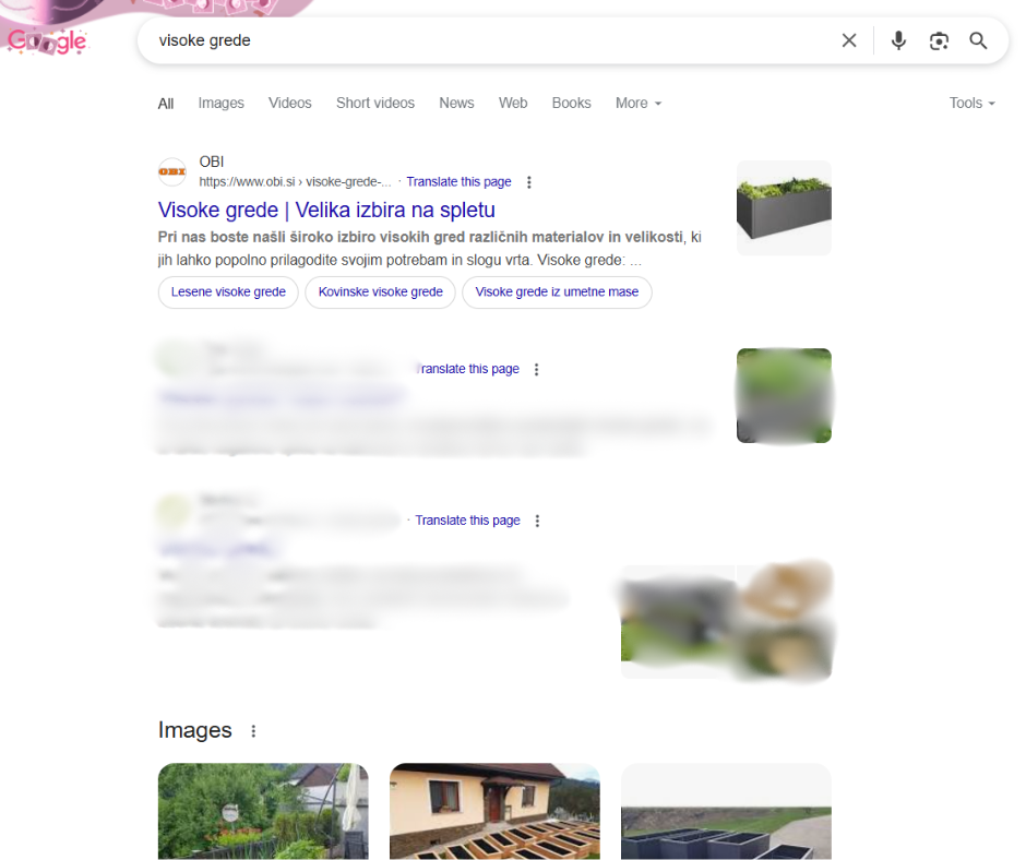 Screenshot of Google search for "visoke grede". OBI website ranks #1.