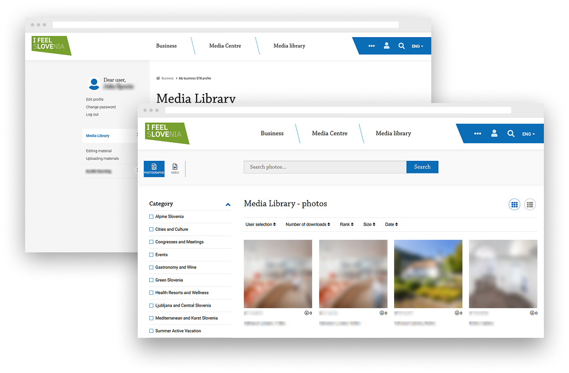 Media library within the Slovenian Tourist Board's business portal, showing photo categories, search options and image previews.