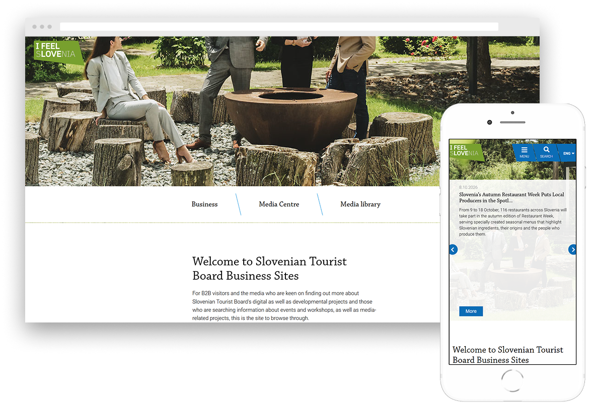 Desktop and mobile views of the Slovenian Tourist Board's business website on slovenia.info.