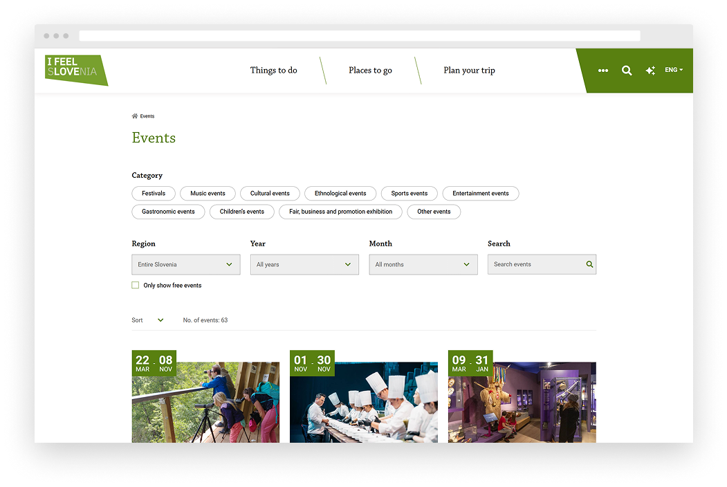 Tourism events calendar on slovenia.info, with filters for event categories, regions and dates.