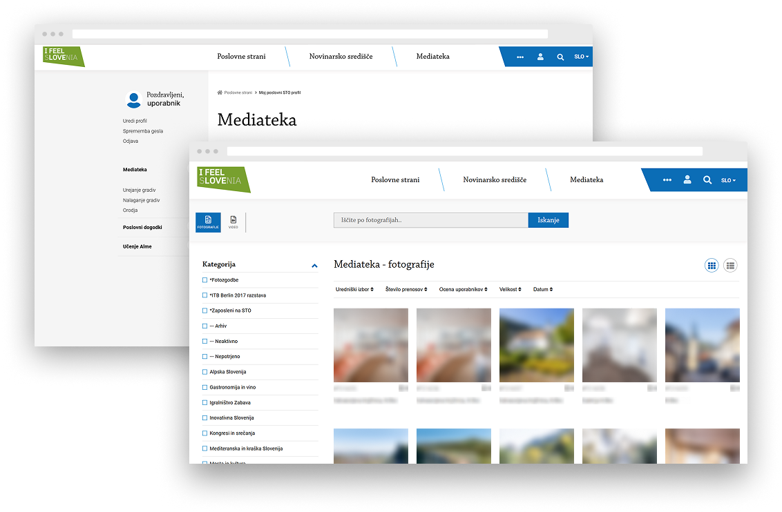 Prikaz digitalne mediateke STO z iskalnikom, kategorijami in pregledom fotografij.