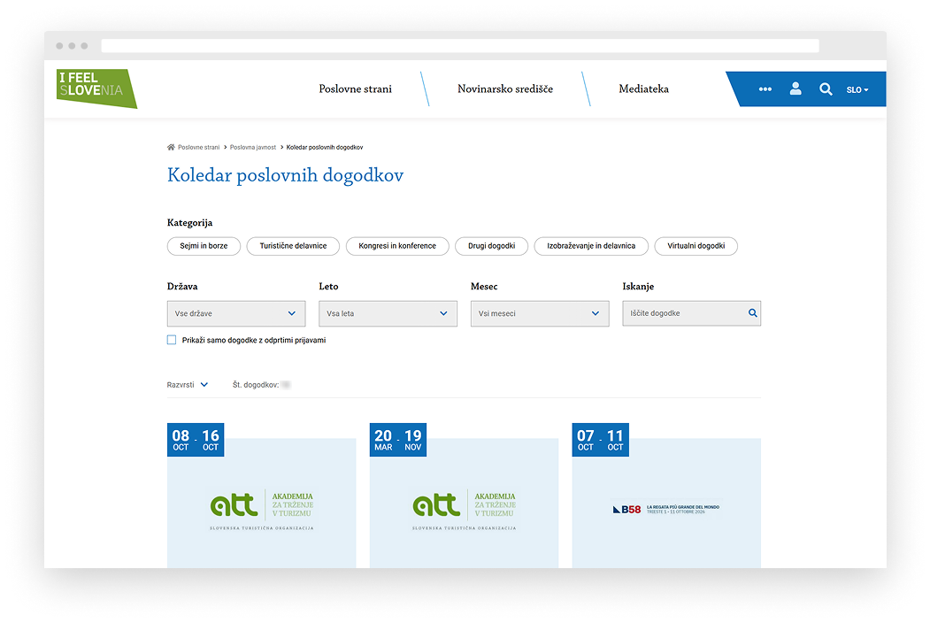 Koledar poslovnih dogodkov STO z možnostmi iskanja in filtriranja dogodkov.