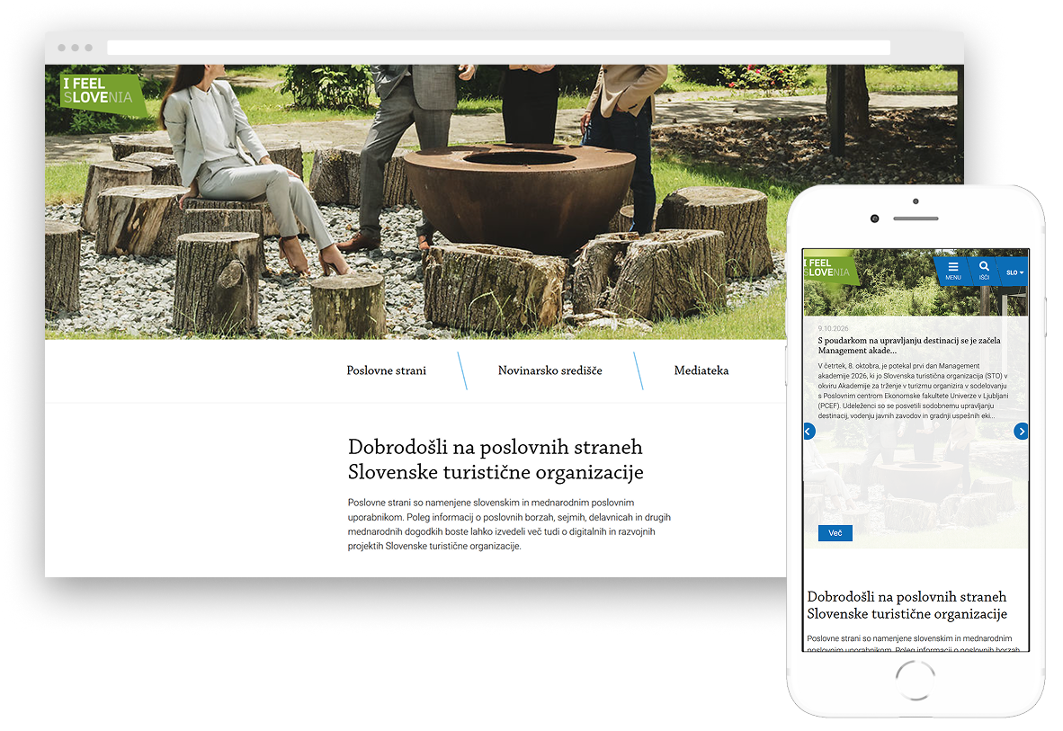 Namizni in mobilni prikaz poslovnih strani Slovenske turistične organizacije na portalu slovenia.info.