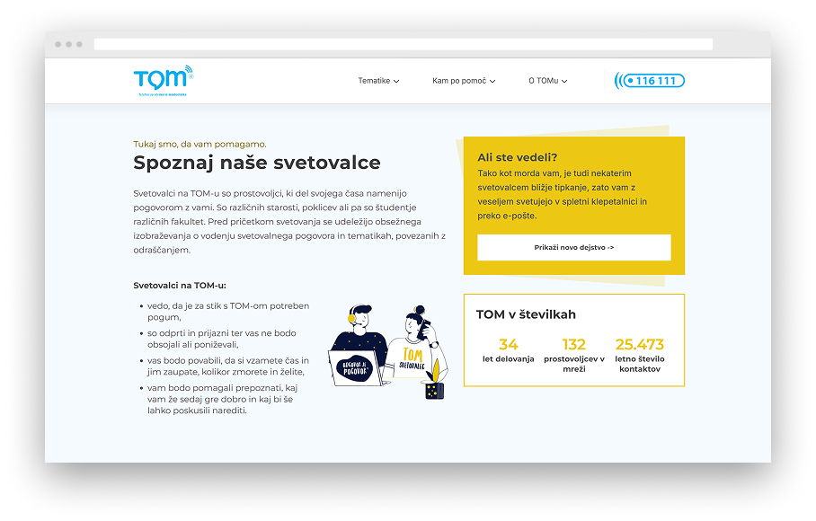 Zaslonski posnetek spletne strani TOM telefon na podstrani "Spoznaj naše svetovalce".