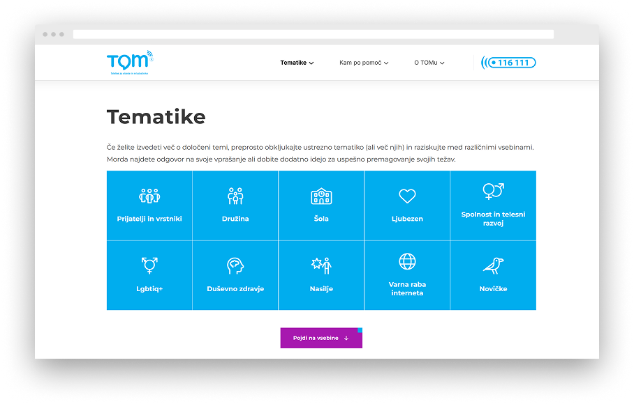 Zaslonski posnetek spletne strani TOM telefon na podstrani "Tematike".